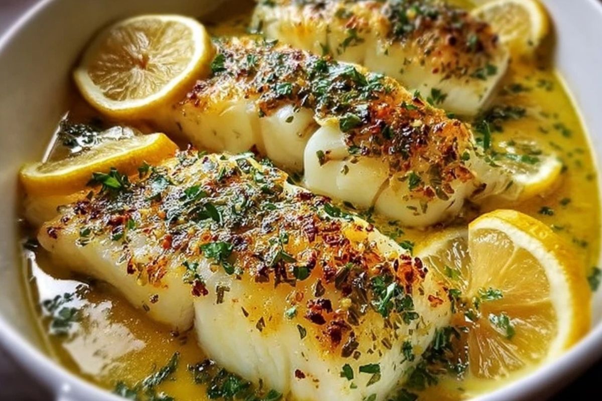 Coocked Cod Baked Lemon-Garlic Cod with Butter Sauce