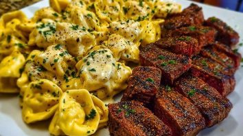 Cajun Garlic Butter Steak with Cheesy Alfredo Tortellini
