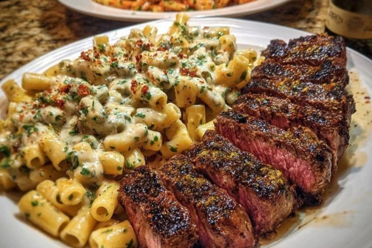 Cheesy Cajun Garlic Butter Steak with Creamy Rigatoni