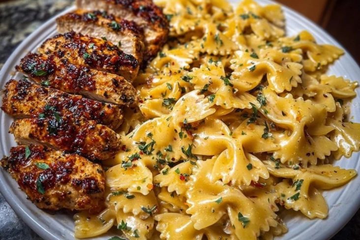 Cheesy Garlic Cajun Chicken Bowtie Pasta in Alfredo Sauce
