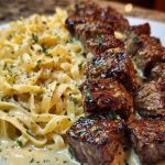 Cheesy Garlic Steak Bites over Creamy Linguine Pasta