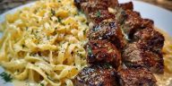 Cheesy Garlic Steak Bites over Creamy Linguine Pasta