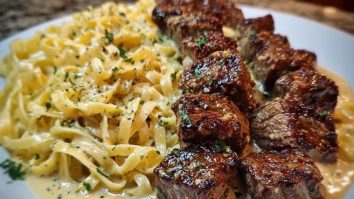 Cheesy Garlic Steak Bites over Creamy Linguine Pasta