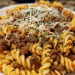Cheesy Garlic Twisted Pasta with Cajun Ground Beef and Alfredo Velveeta