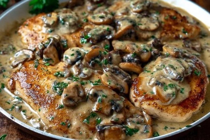 Chicken and Mushroom Skillet in a Creamy Asiago and Mustard Sauce
