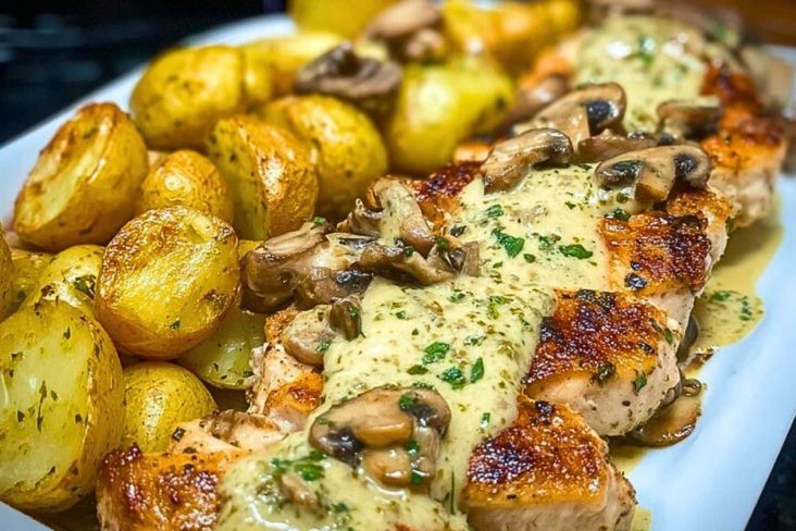Creamy Garlic Mushroom Alfredo Chicken & Potatoes