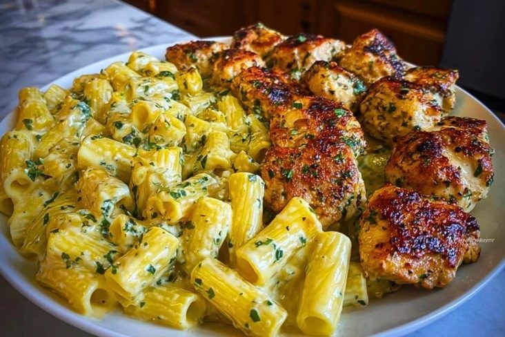 Creamy Garlic Parmesan Chicken with Cheesy Penne Pasta