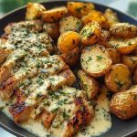 Creamy Mushroom Garlic Chicken Alfredo & Hot Honey Roasted Potatoes