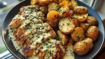 Creamy Mushroom Garlic Chicken Alfredo & Hot Honey Roasted Potatoes