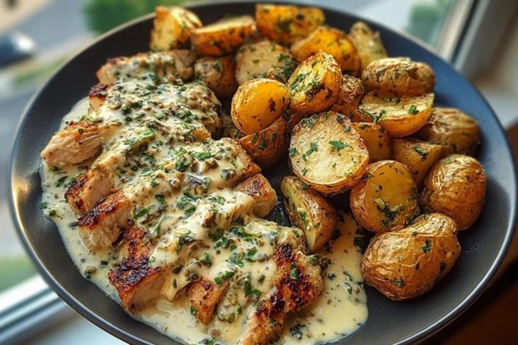 Creamy Mushroom Garlic Chicken Alfredo & Hot Honey Roasted Potatoes