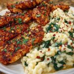 Creamy Parmesan Spinach Rice with Spicy Garlic Chicken