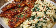 Creamy Parmesan Spinach Rice with Spicy Garlic Chicken