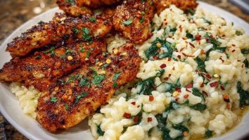 Creamy Parmesan Spinach Rice with Spicy Garlic Chicken