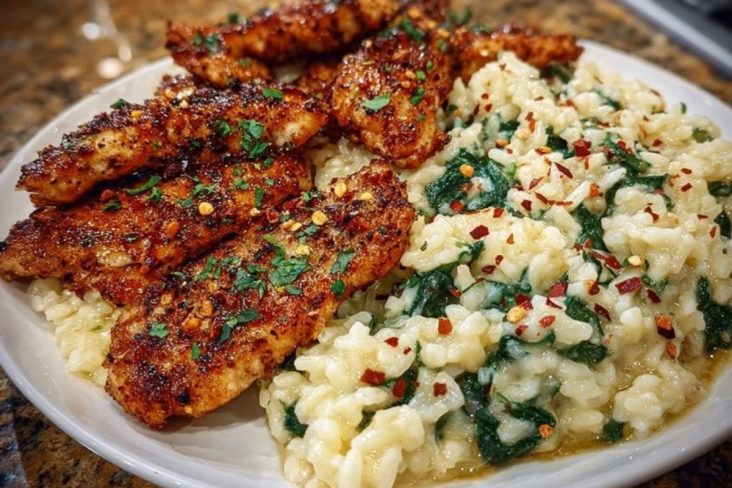 Creamy Parmesan Spinach Rice with Spicy Garlic Chicken