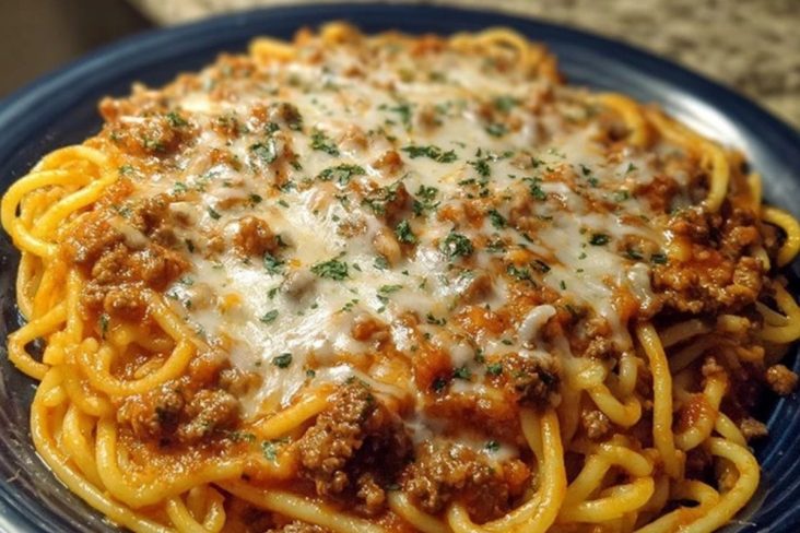 Creamy Velveeta Spaghetti with Italian Beef Marinara