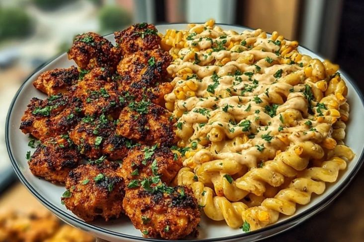 Crispy Chicken Bites & Blackened Cajun Alfredo with Roasted Corn Twists