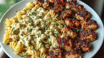 Delicious Tuscan Garlic Chicken Bites with Sun-Dried Tomato Cajun Alfredo Pasta Recipe