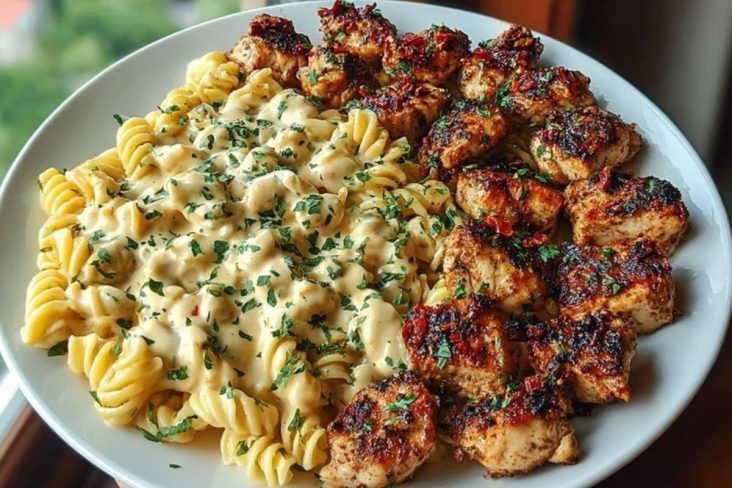Delicious Tuscan Garlic Chicken Bites with Sun-Dried Tomato Cajun Alfredo Pasta Recipe