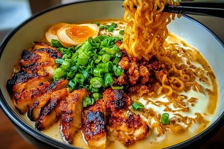 Fiery Chicken Ramen with Creamy Garlic Sauce