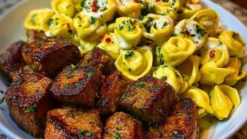 Garlic Butter Steak Bites with Creamy Parmesan Tortellini and Garlic Sauce