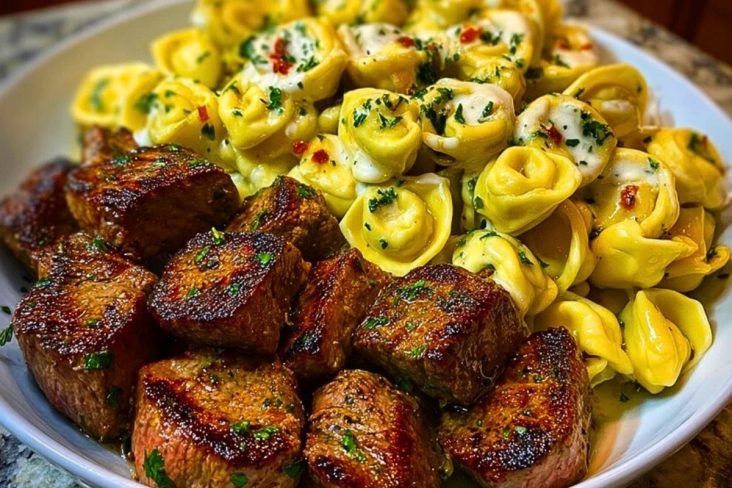 Garlic Butter Steak Bites with Creamy Parmesan Tortellini and Garlic Sauce