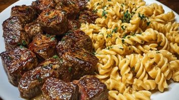 Garlic Butter Steak Bites with Spicy Cajun Alfredo Twisted Pasta