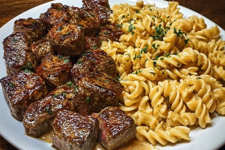 Garlic Butter Steak Bites with Spicy Cajun Alfredo Twisted Pasta
