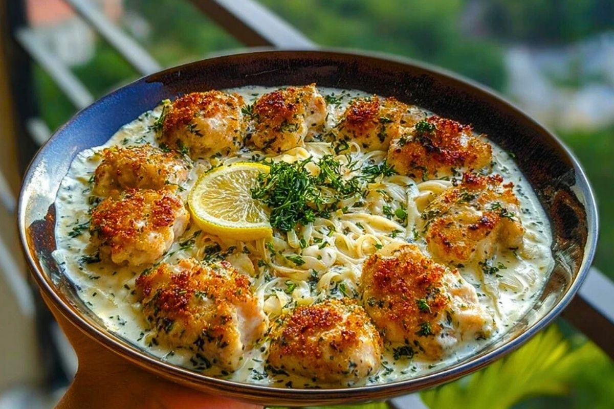 Herbed Chicken Alfredo with Truffle Feta Cream & Crispy Parmesan Leeks