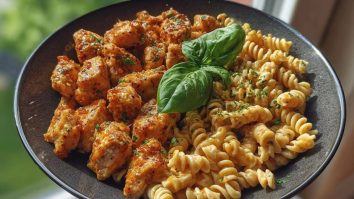 Hot Honey Garlic Chicken Bites & Cajun Alfredo with Crispy Broccoli Twists