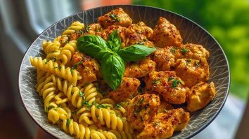 Lemon Pepper Chicken Bites & Roasted Red Pepper Cajun Alfredo Twists