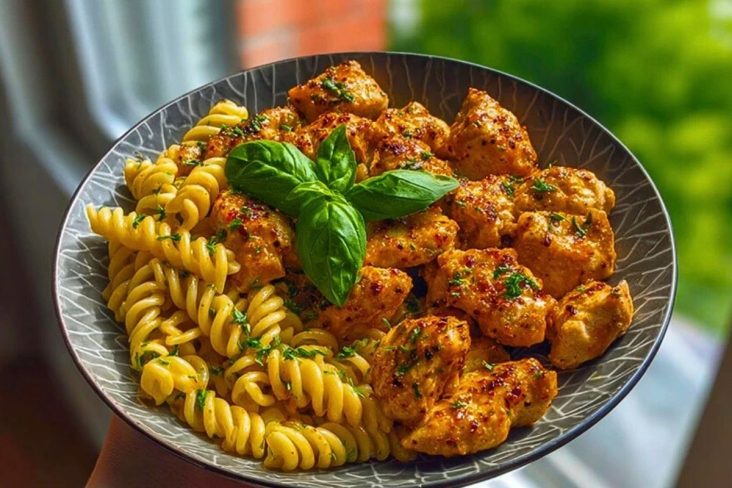 Lemon Pepper Chicken Bites & Roasted Red Pepper Cajun Alfredo Twists