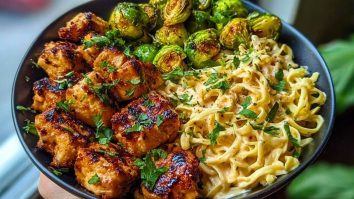 Maple Garlic Chicken Bites with Spicy Cajun Alfredo & Crispy Brussels Twists