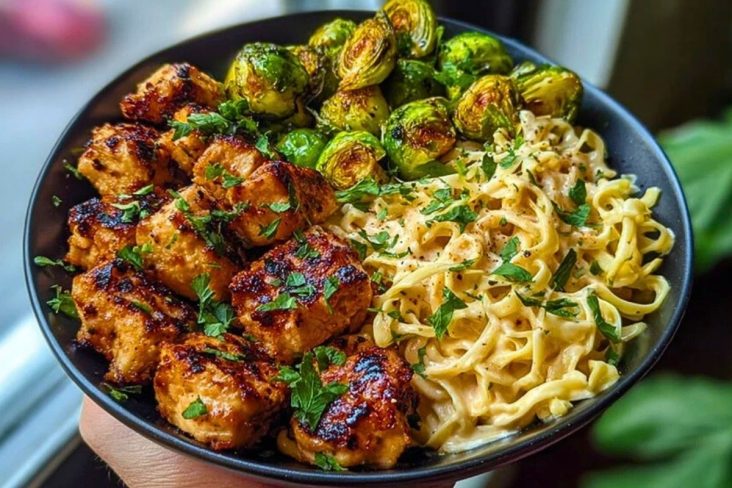 Maple Garlic Chicken Bites with Spicy Cajun Alfredo & Crispy Brussels Twists