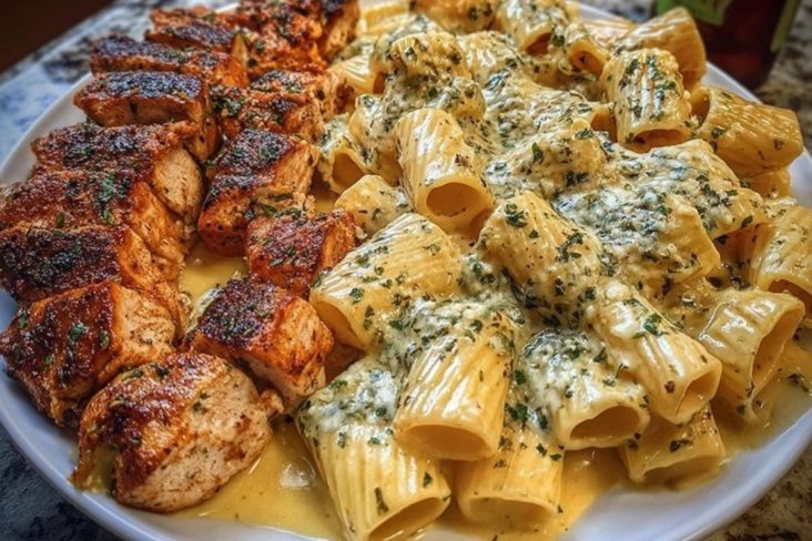 Rigatoni in Cheesy Italian Herb Alfredo with Cajun Chicken