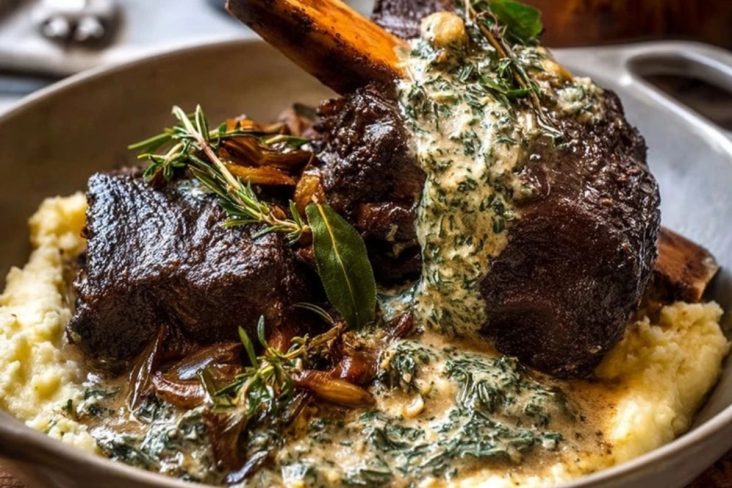 Slow-Braised Beef Short Ribs with Creamy Herb Sauce