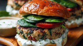 Sun-Dried Tomato and Feta Spinach Burgers with Tzatziki Sauce