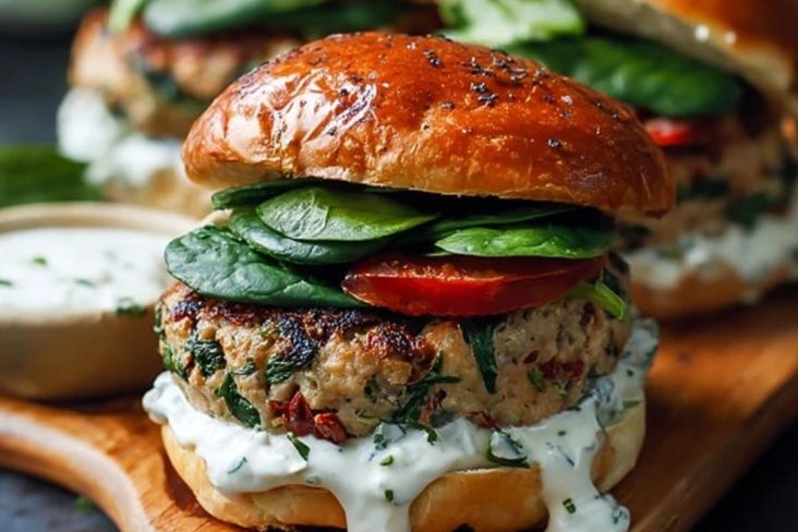Sun-Dried Tomato and Feta Spinach Burgers with Tzatziki Sauce