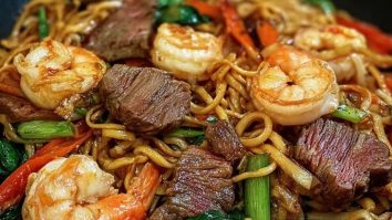 Surf & Turf Noodle Stir-Fry with Steak and Shrimp