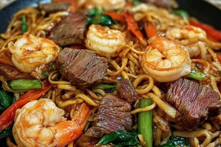 Surf & Turf Noodle Stir-Fry with Steak and Shrimp