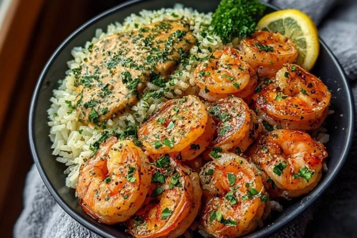 The Best Garlic Butter Shrimp Bowl Recipe with Herb Rice