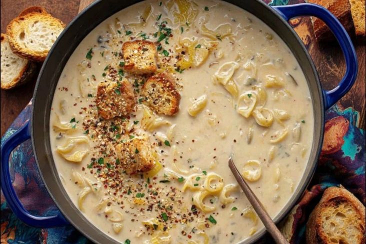 Creamy White Bean Mushroom Soup with Shell Pasta